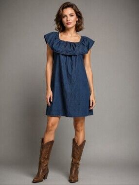 100% Cotton Denim Dress | Elasticized Ruffle Neckline | Flared Sleeve